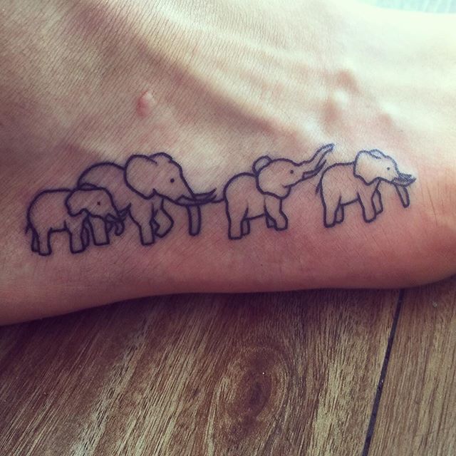 Classic Black Outline Elephant Family Tattoo On Foot
