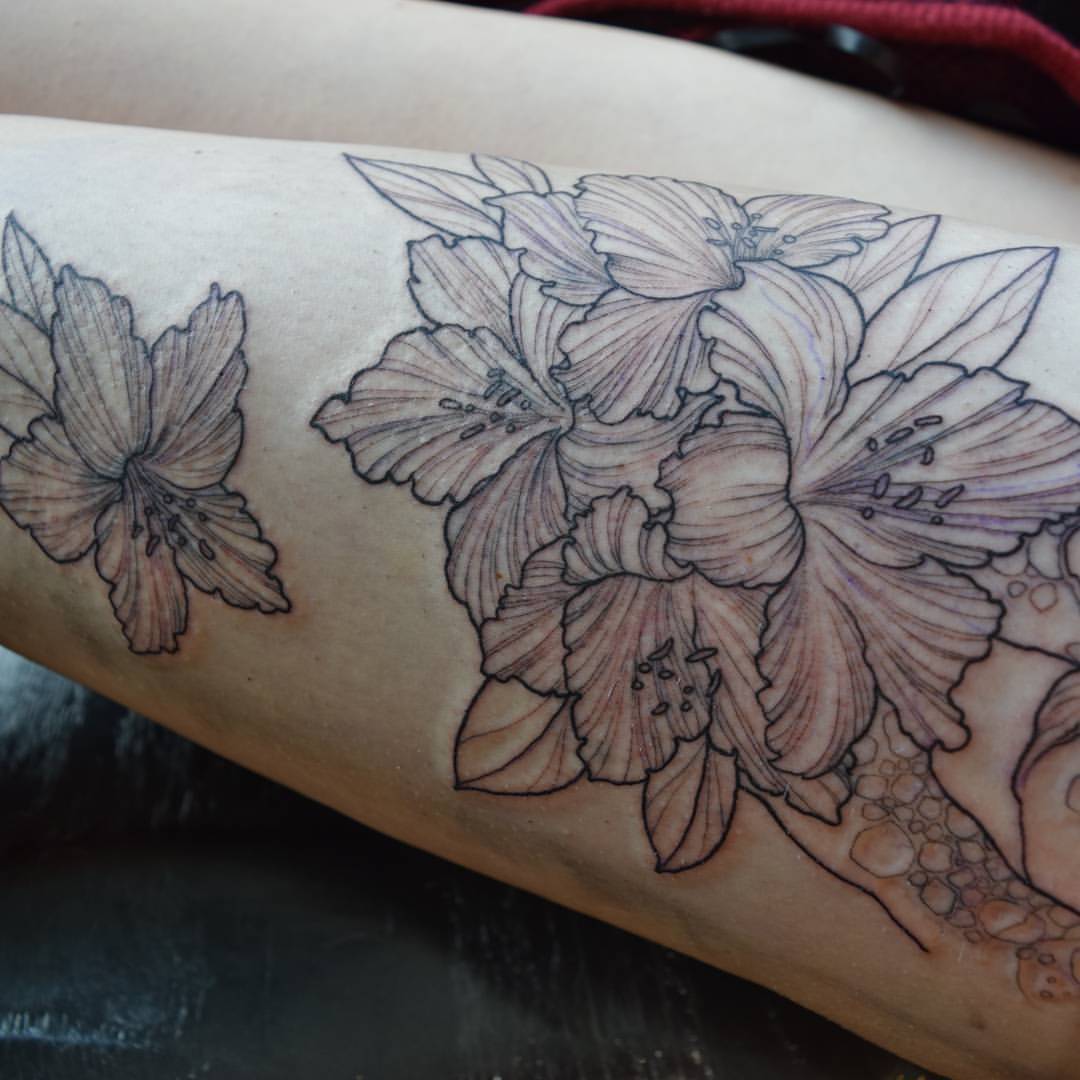 Classic Black Rhododendron Flowers Tattoo Design For Leg