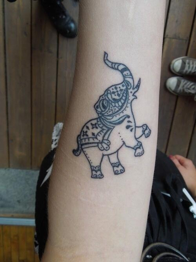 Classic Black Traditional Elephant Trunk Up Tattoo On Forearm