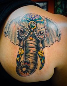 Classic Circus Elephant Head Tattoo On Right Back Shoulder