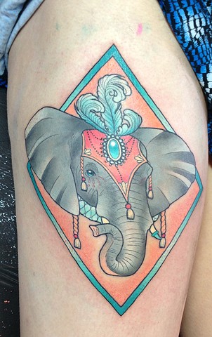 Classic Colorful Circus Elephant Tattoo On Girl Thigh By Kitty Dearest