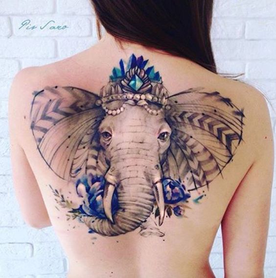 Classic Elephant Head Tattoo On Upper Back