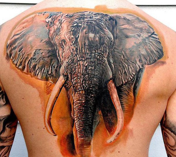 Classic Elephant Tattoo On Upper Back