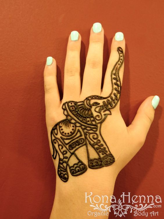 Classic Henna Elephant Tattoo On Girl Left Hand