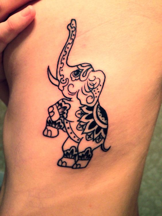 Classic Henna Elephant Tattoo On Side Rib