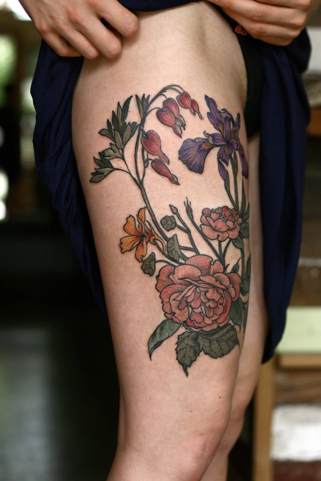 Classic Rhododendron Flowers Tattoo On Girl Right Thigh