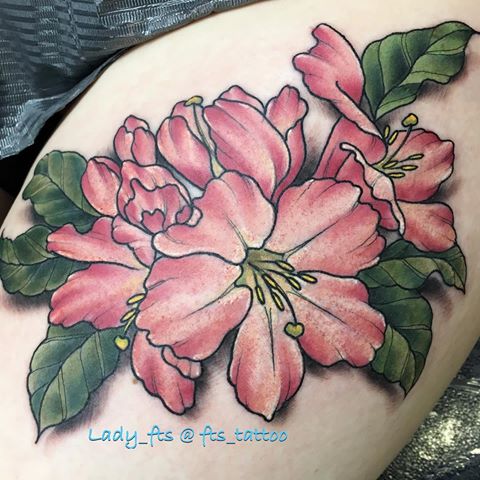 Classic Rhododendron Flowers Tattoo On Thigh