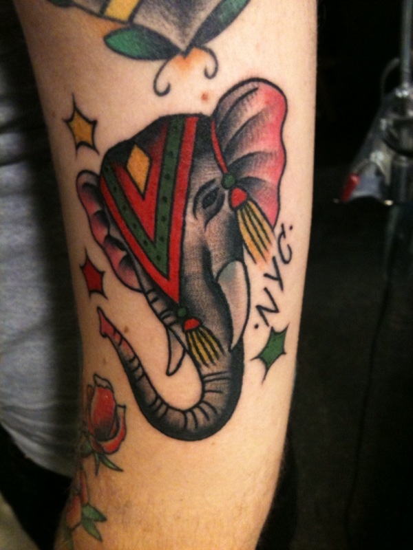 Classic Traditional Elephant With Stars Tattoo Design For Sleeve