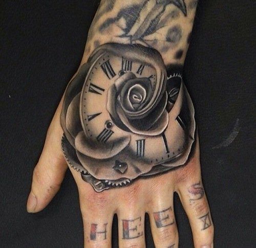 Clock Grey Rose Tattoo On Left Hand For Women