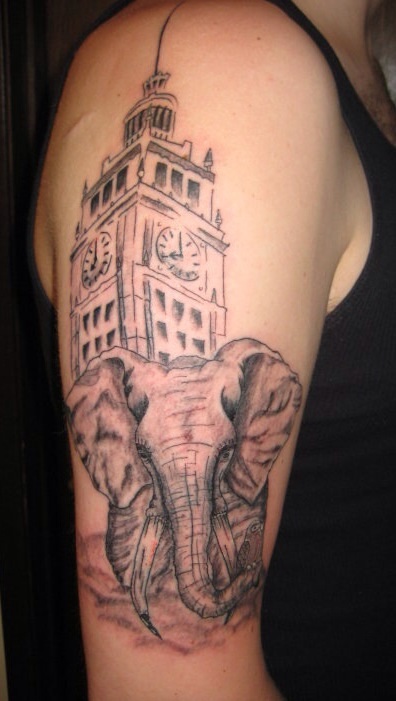 Clock House With Elephant Tattoo On Right Half Sleeve