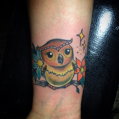 Color Flowers And Baby Owl Tattoo On Right Forearm