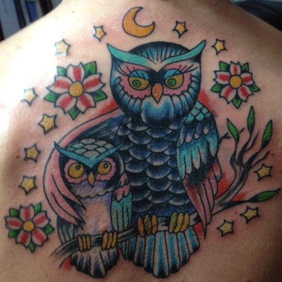 Color Flowers And Baby Owl Tattoo On Upper Back