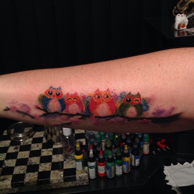 Color Ink Owl Family Tattoo On Left Arm