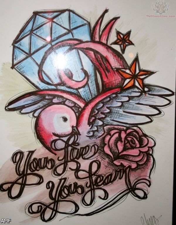Color Swallow Bird And You Love You Fear Tattoo Design