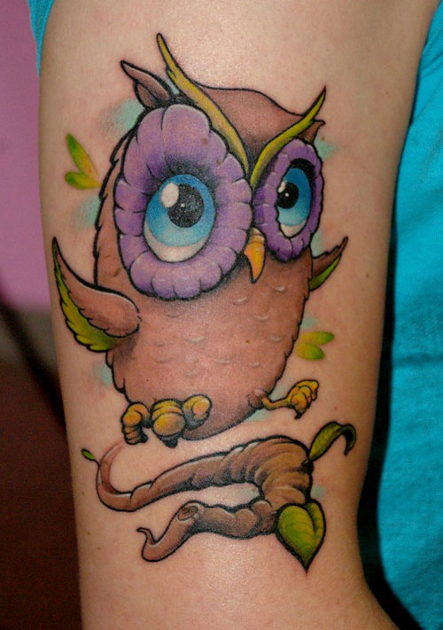 Colored Baby Owl Tattoo On Right Half Sleeve