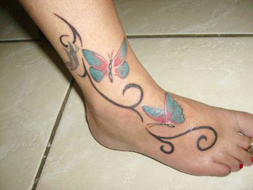 Colored Butterflies Ankle And Foot Tattoo For Woman
