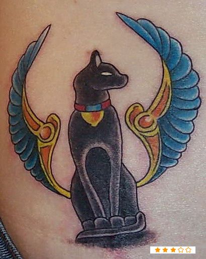 Colored Egyptian Cat With Wings Statue Traditional Tattoo