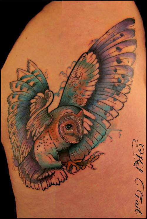 Colored Flying Owl Tattoo Idea