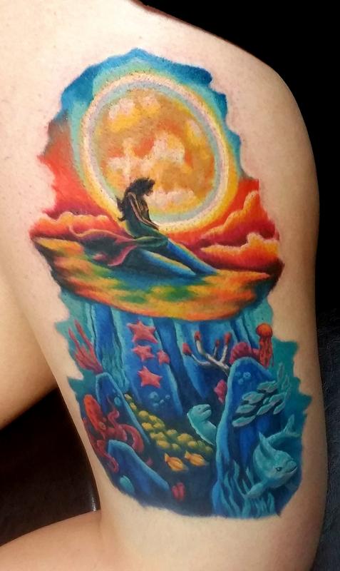 Colored Little Mermaid Tattoo On Right Thigh