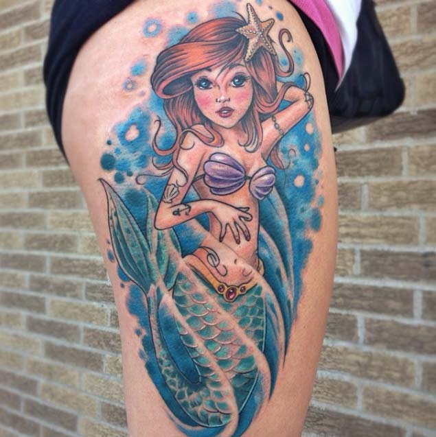 Colored Mermaid Tattoo On Side Thigh