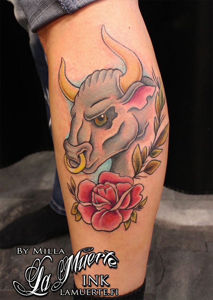Colored Neo Traditional Bull Tattoo On Leg