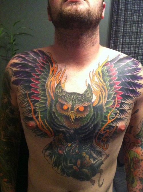 Colored Open Wings Flying Owl Tattoo On Chest For Men