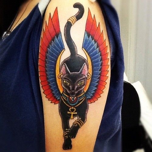Colored Sacred Egyptian Cat With Wings Tattoo On Shoulder