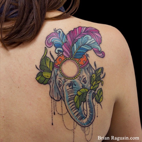Colorful Chinese Elephant Head Tattoo On Girl Right Back Shoulder