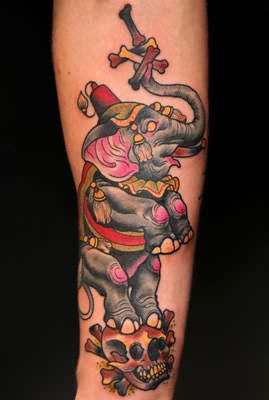 Colorful Circus Elephant On Skull Tattoo On Forearm