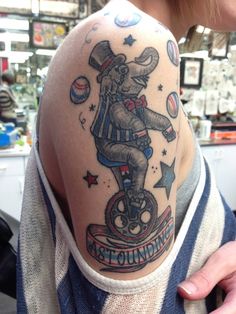 Colorful Circus Elephant With Banner Tattoo On Right Shoulder