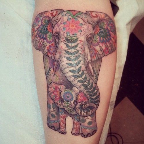 Colorful Cute Elephant With Baby Elephant Tattoo Design For Sleeve