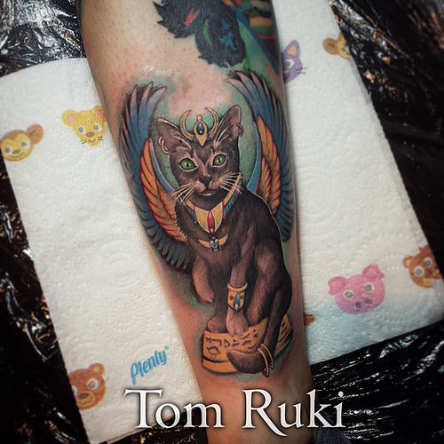 Colorful Egyptian Cat Tattoo On Arm Sleeve By Tom Ruki