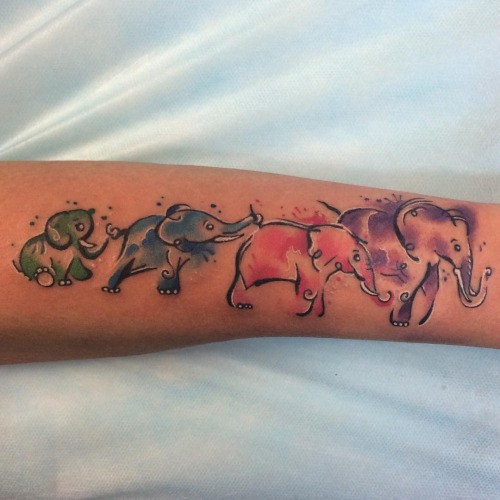 Colorful Elephant Family Tattoo Design For Forearm
