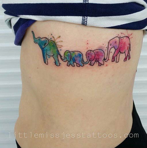 Colorful Elephant Family Tattoo On Side Rib
