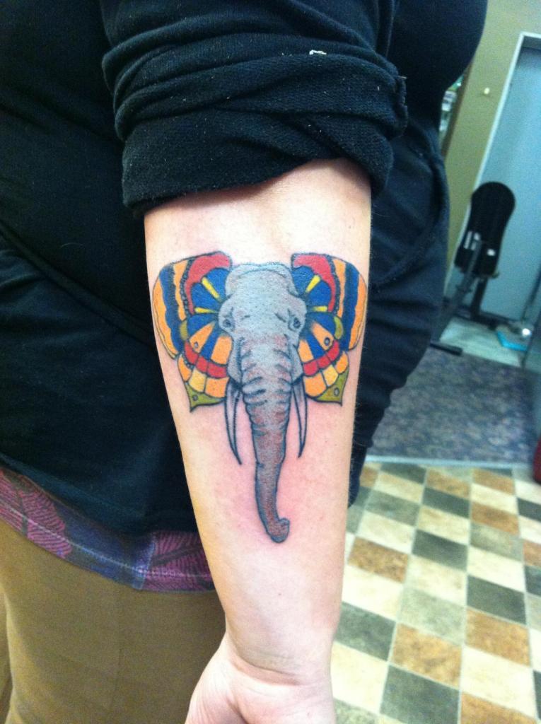 Colorful Elephant Head With Butterfly Wings Ear Tattoo On Right Arm