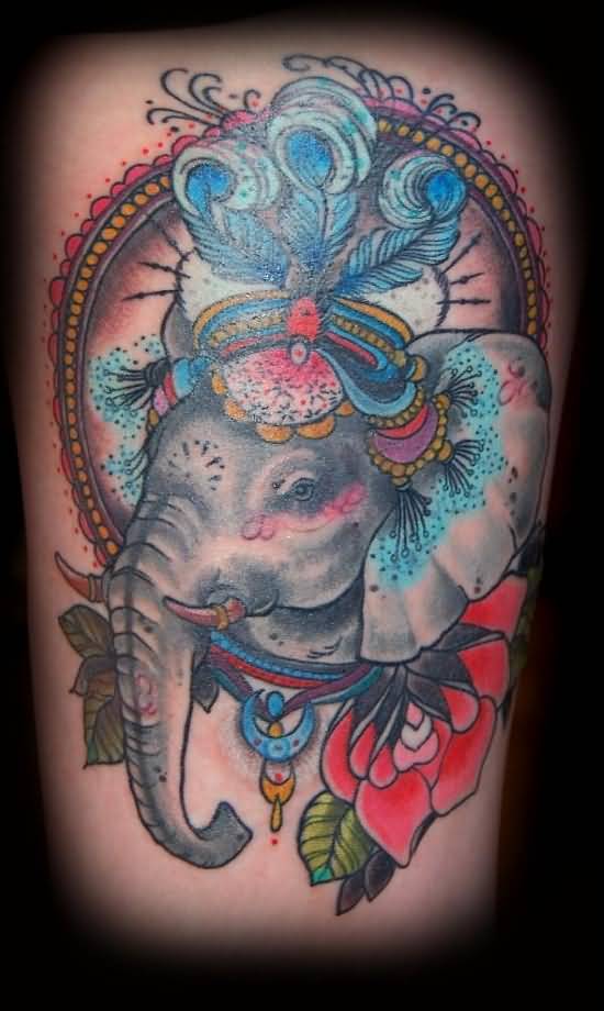 Colorful Elephant Head With Flower Tattoo Design