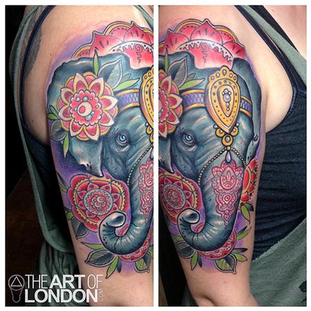 Colorful Elephant Head With Flowers Tattoo On Right Half Sleeve