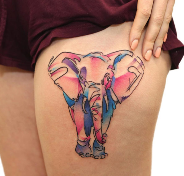 Colorful Elephant Tattoo Design For Thigh