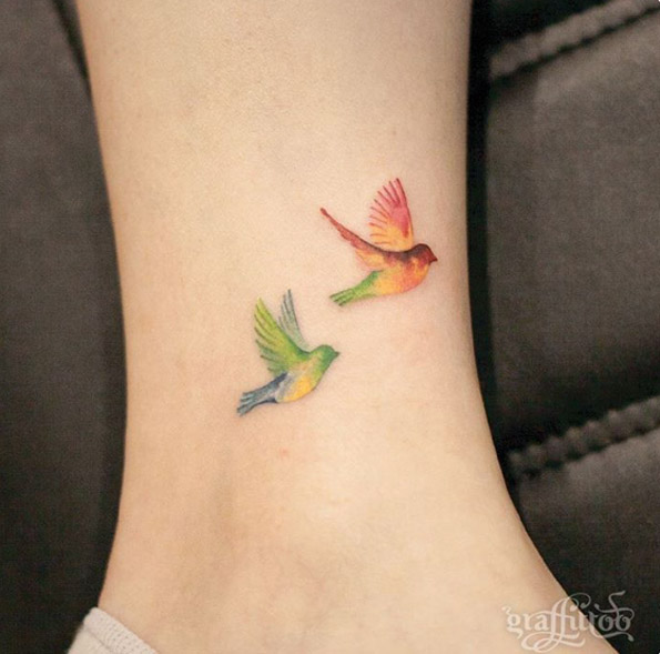 Colorful Flying Birds Ankle Tattoo For Girls