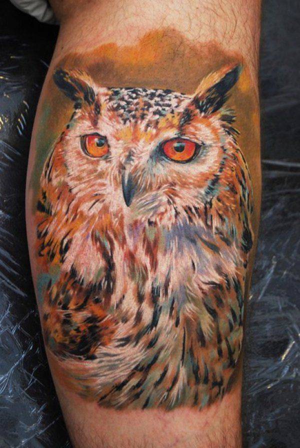 Colorful Flying Owl Tattoo On Side Leg