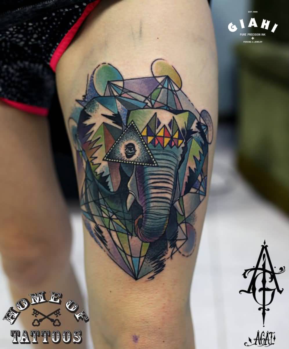 Colorful Geometric Japanese Elephant Head Tattoo On Girl Left Thigh By Agat Artemji
