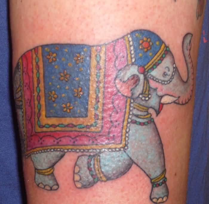 Colorful Indian Elephant Tattoo Design For Leg
