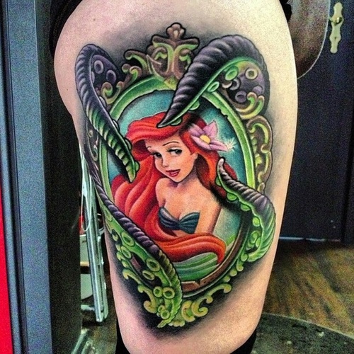 Colorful Little Mermaid Tattoo On Side Leg