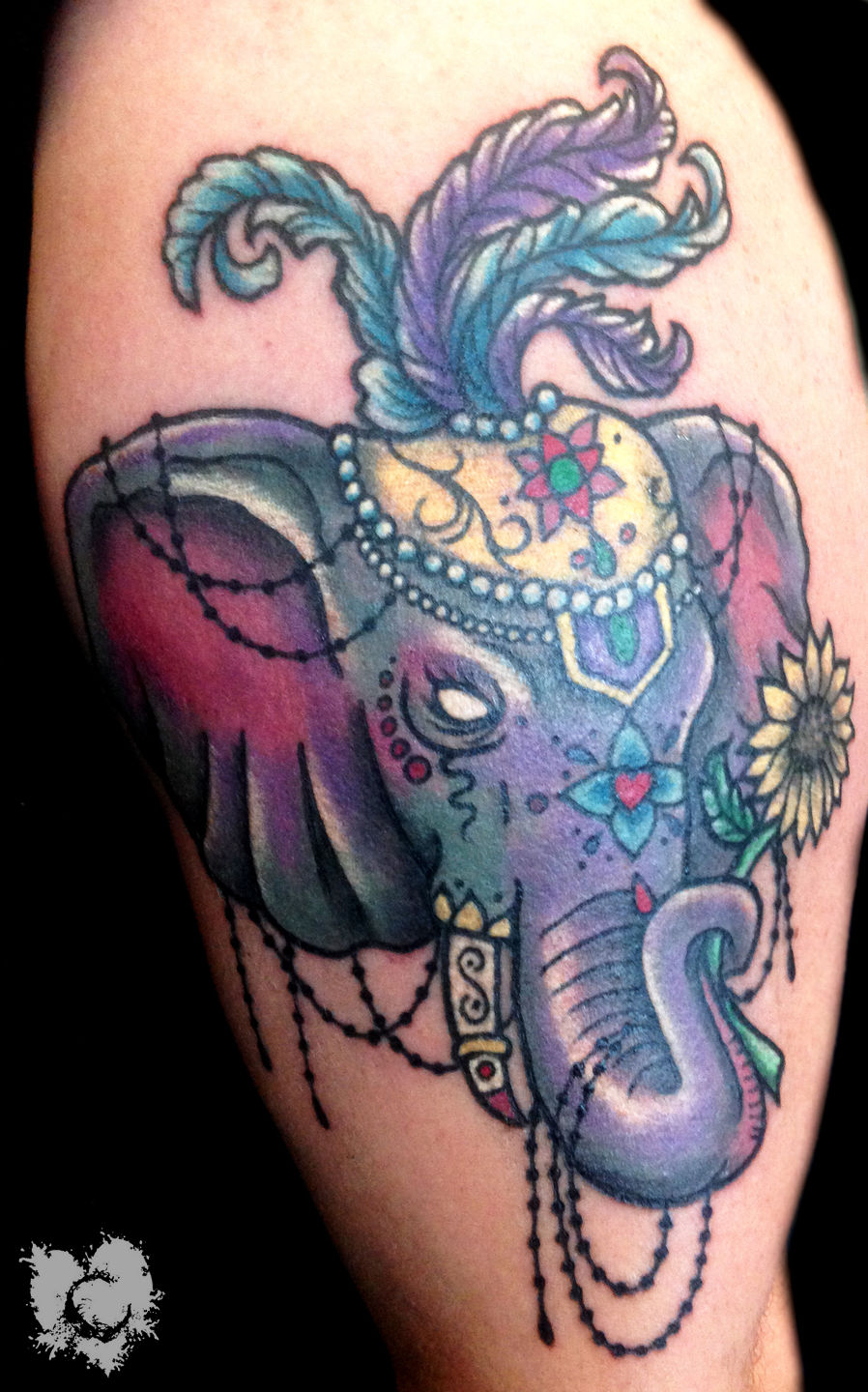 Colorful Neo Elephant Head Tattoo Design For Thigh