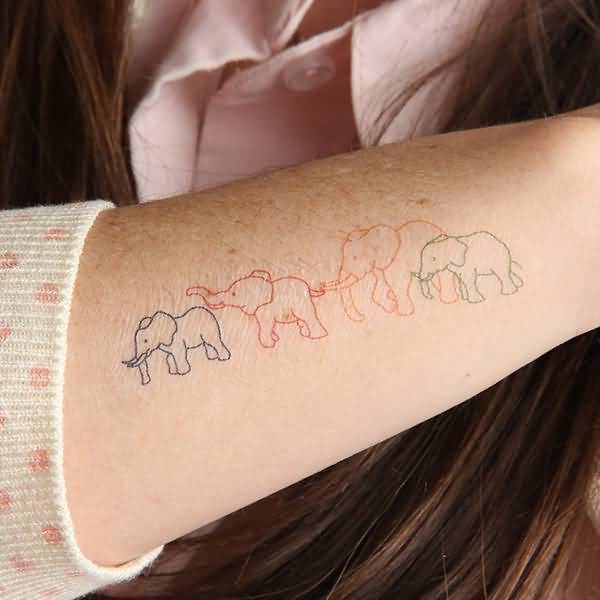 Colorful Outline Elephant Family Tattoo On Girl Arm