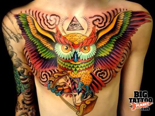 Colorful Owl With Hourglass And Triangle Eye Tattoo On Man Chest