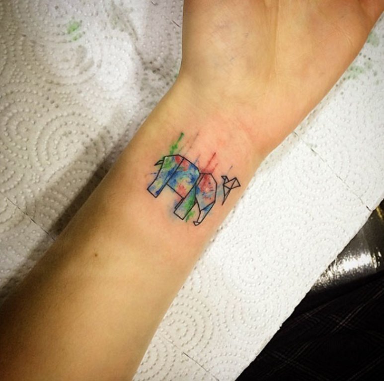Colorful Paper Elephant With Flying Bird Tattoo On Wrist By Resul Odabas