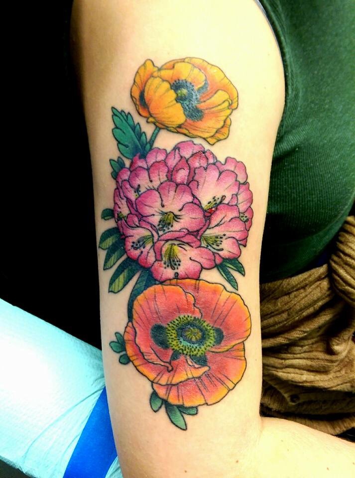 Colorful Poppies With Rhododendron Flowers Tattoo On Right Half Sleeve By Katie