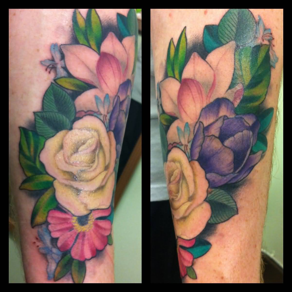 Colorful Rhododendron Flower With Rose Tattoo Design For Sleeve