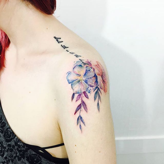 Colorful Rhododendron Flowers Tattoo On Girl Left Shoulder